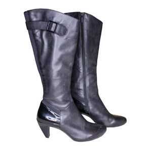 Tsubo High Heel Boots Black Leather Knee Boots Buckle Detail Size 7